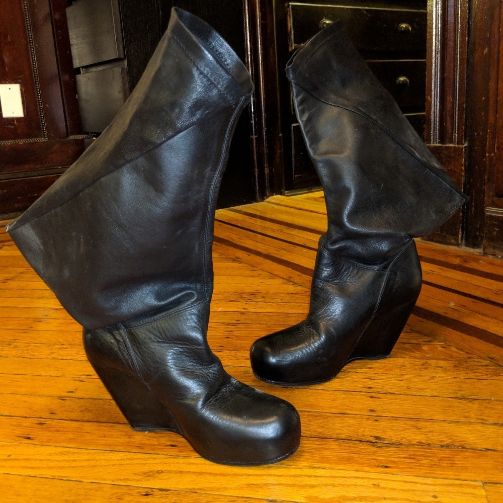 Rick Owens black leather winged slouchy wedge boot